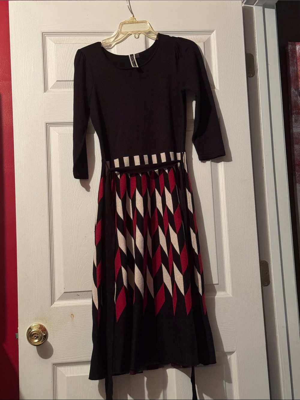 Black Midi Dress with Red and Cream Geometric Skirt